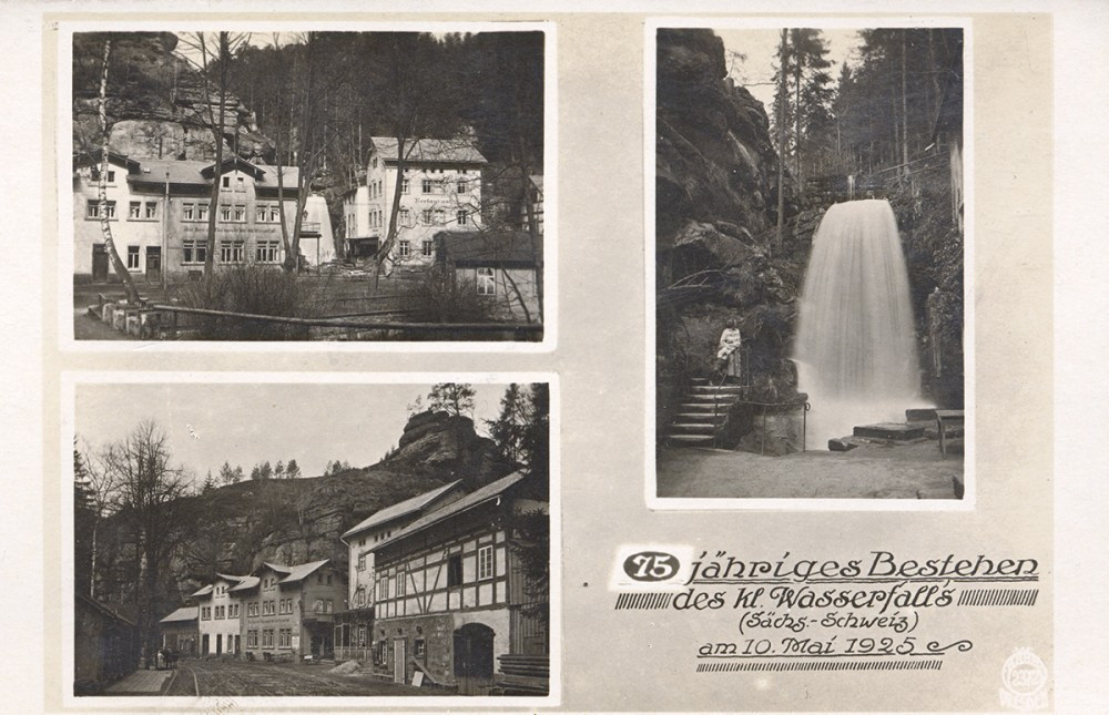 Der Wasserfall und das Restaurant blicken auf eine lange Tradition zurück. Auf dieser Postkarte aus dem Jahre 1925 wird immerhin schon das 75 Jubiläum gepriesen.